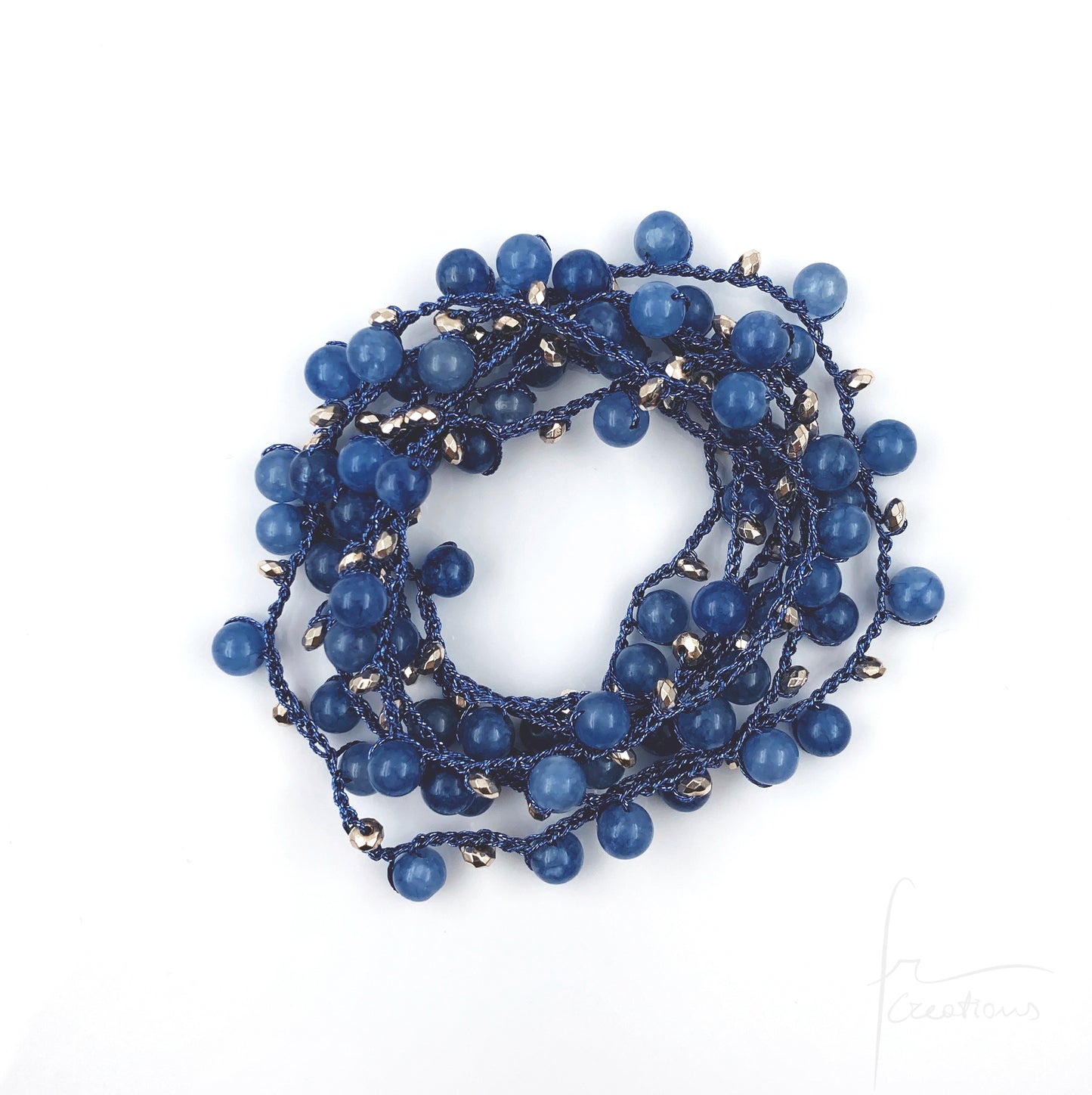 Collana Grace lunga uncinetto misura 120 e 168cm con Giada blu jeans ed ematite sfaccettata oro rosa