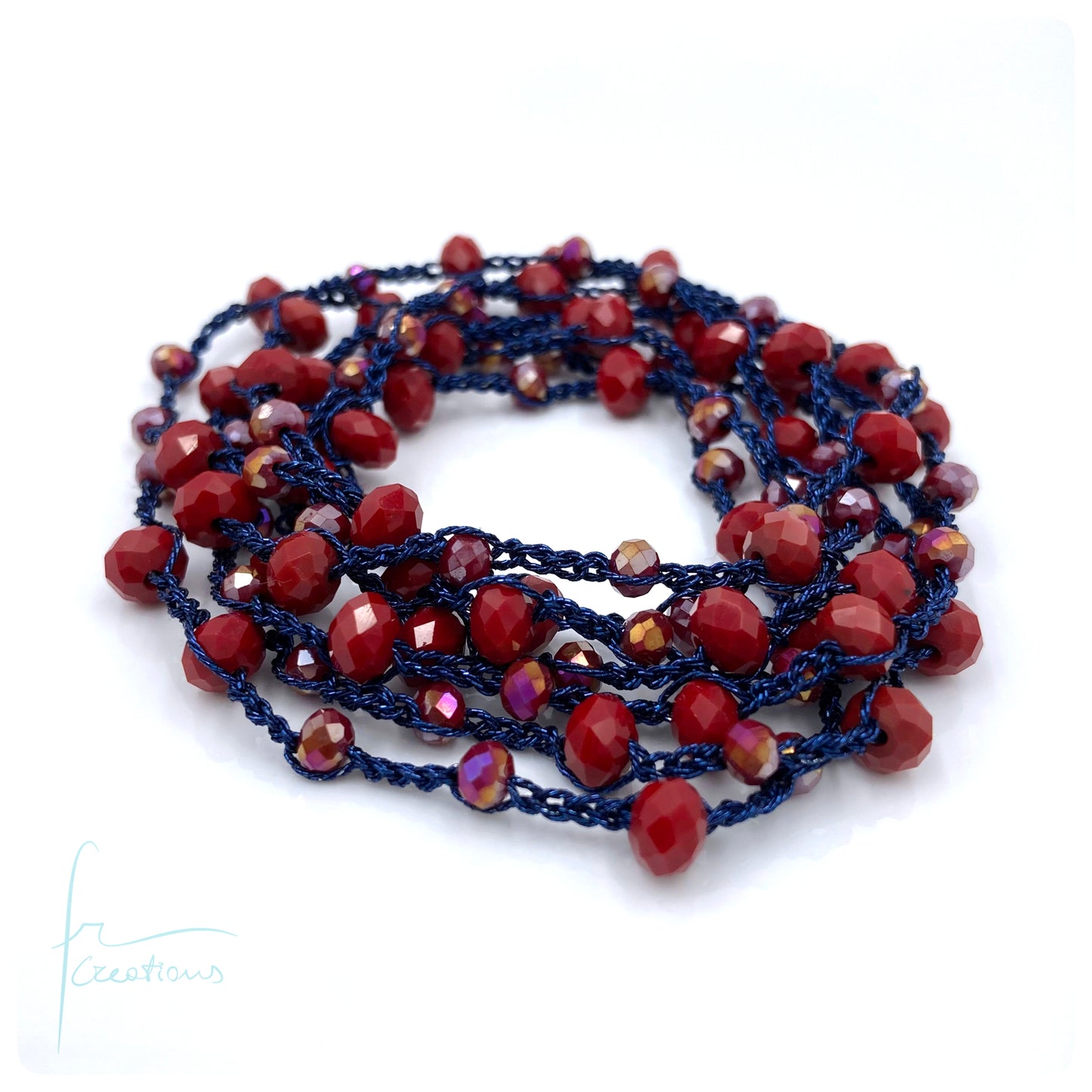 Collana Amélie lunga uncinetto con cristalli senza chiusura BLU-ROSSA
