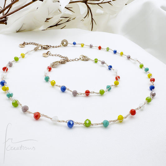 Collana girocollo  e Bracciale Rainbow Summer Limited Edition multicolore all'uncinetto con Mini Cristalli 