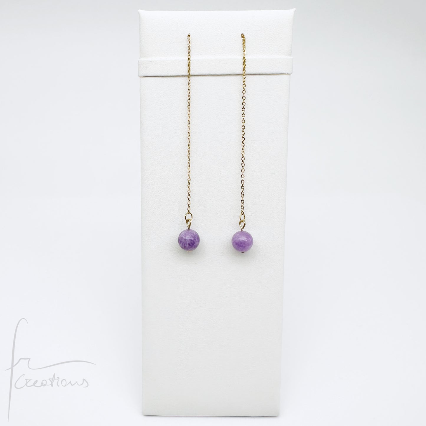 Coppia di orecchini pendenti  saliscendi con giada viola lavanda kunzite