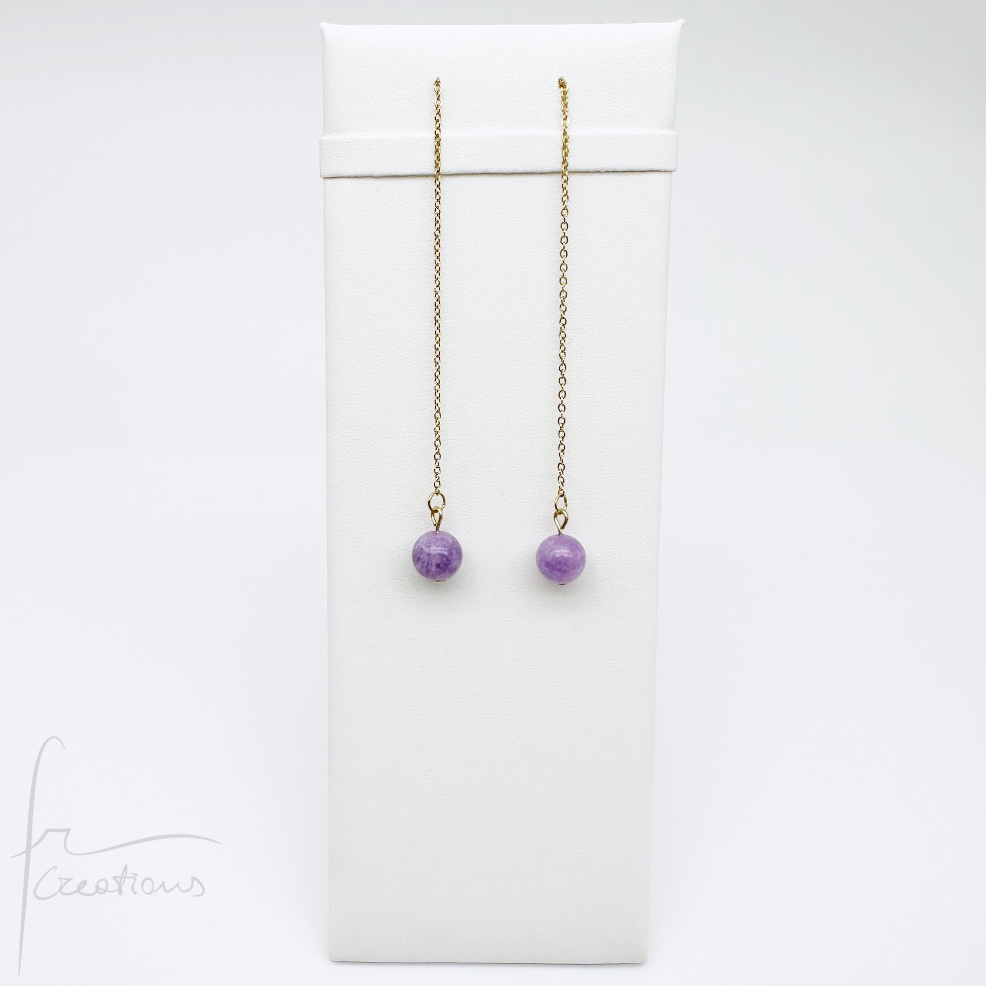 Coppia di orecchini pendenti  saliscendi con giada viola lavanda kunzite