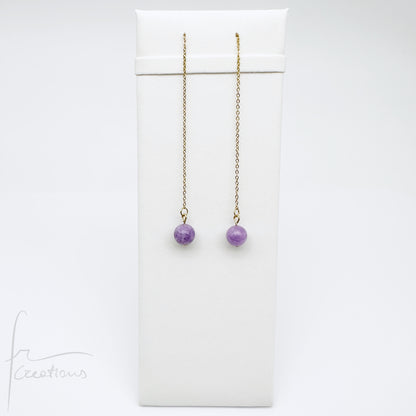 Coppia di orecchini pendenti  saliscendi con giada viola lavanda kunzite