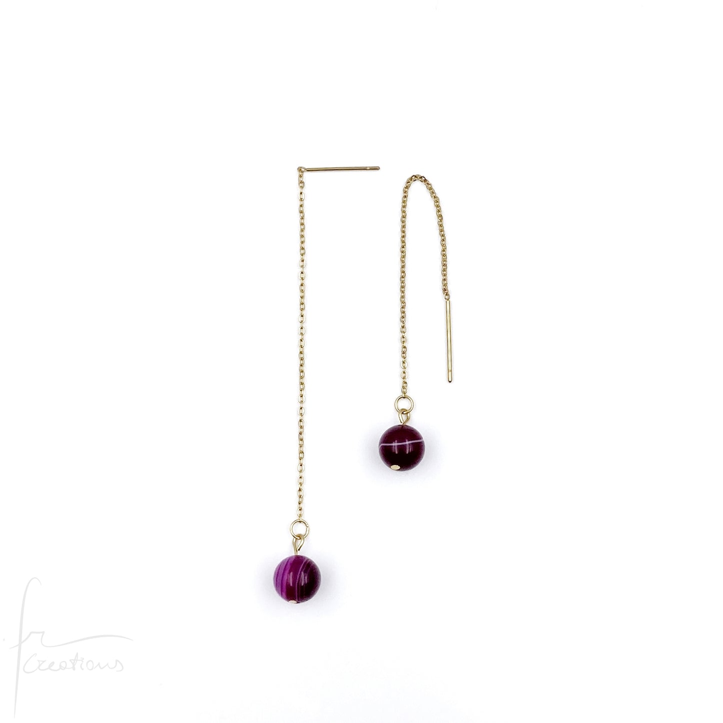 Mono orecchini pendenti  saliscendi con agata striata fuxia