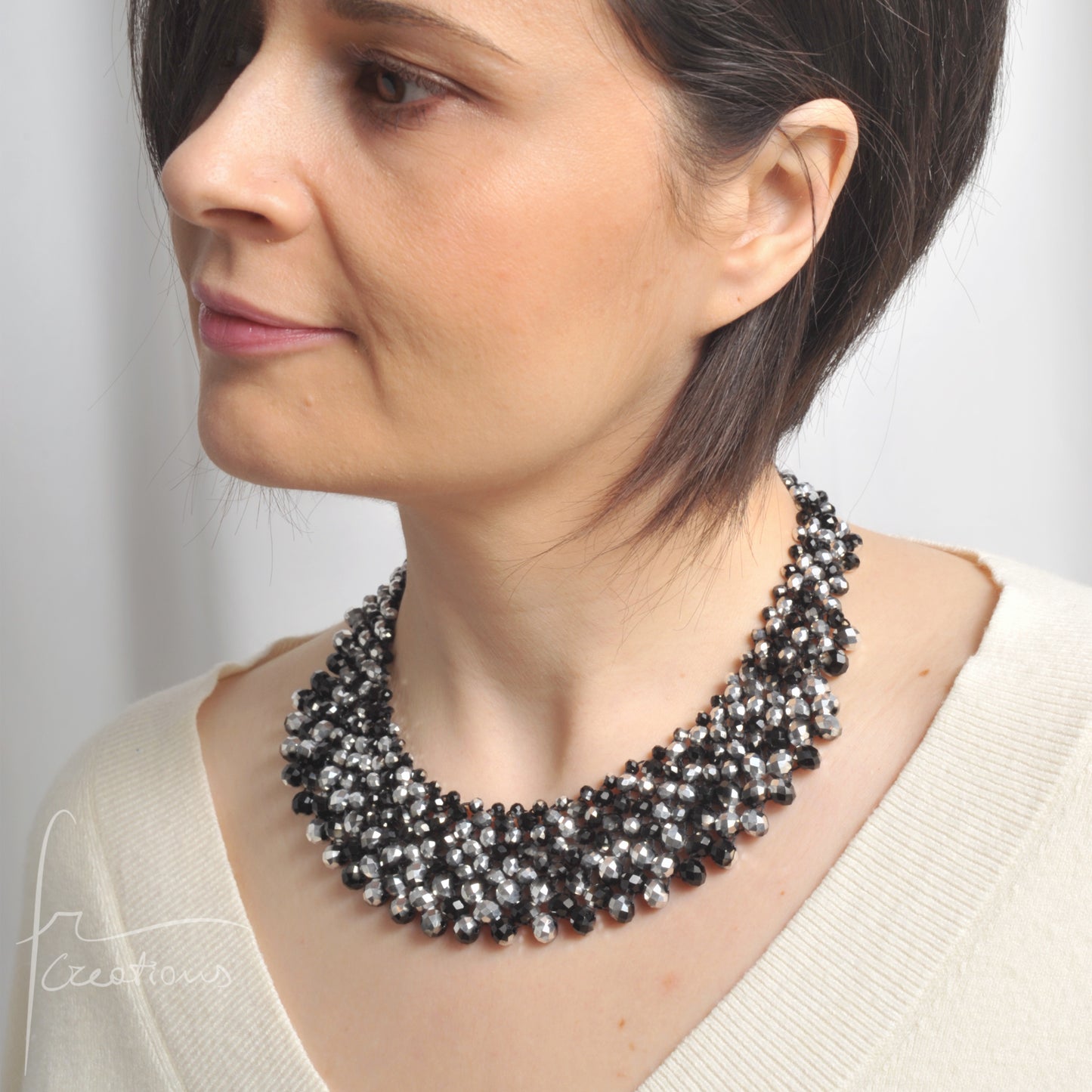 Collana Girocollo Alexandra tessitura con cristalli Alexandra Nero-Argento