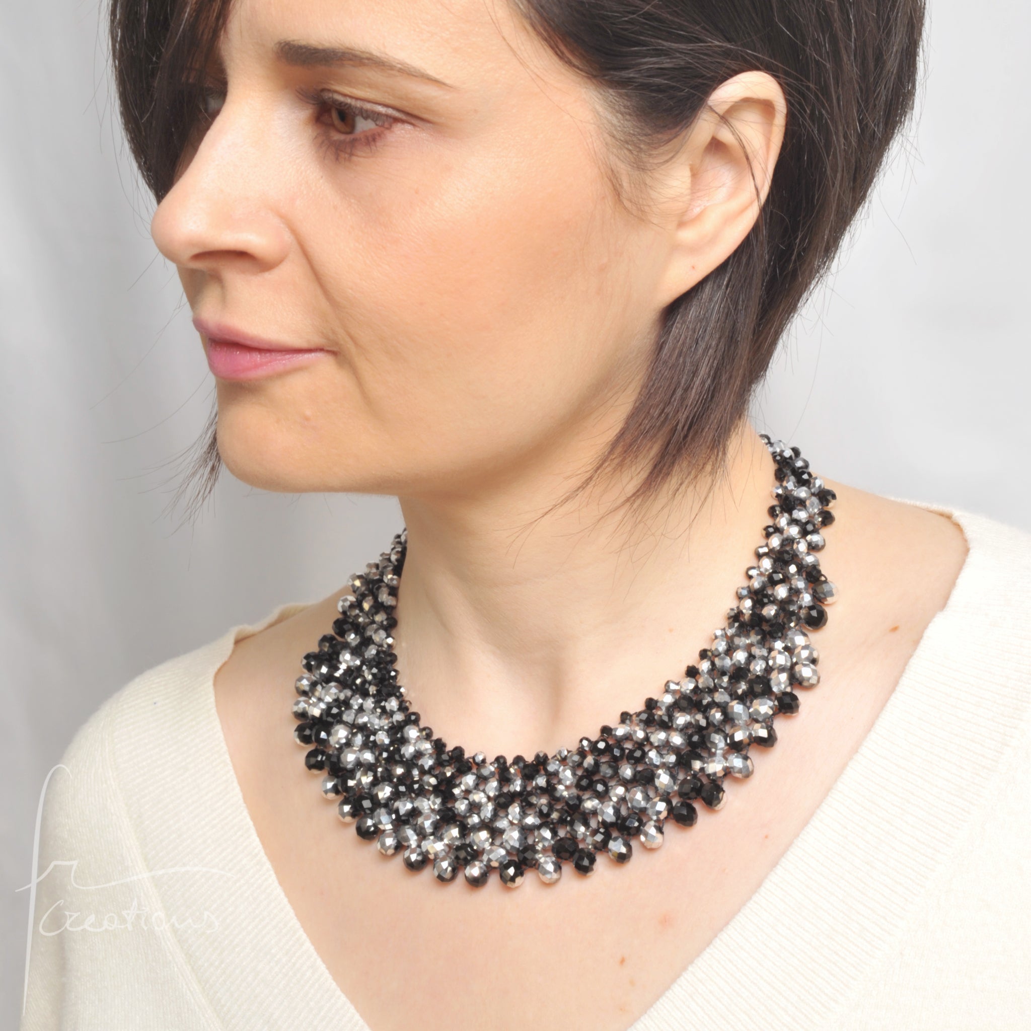 Collana Girocollo Alexandra tessitura con cristalli Alexandra Nero-Argento