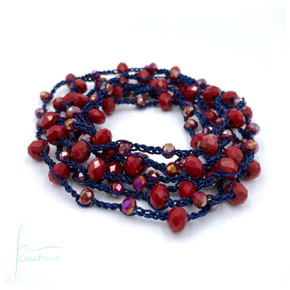 Collana Amélie lunga uncinetto con cristalli senza chiusura BLU-ROSSA